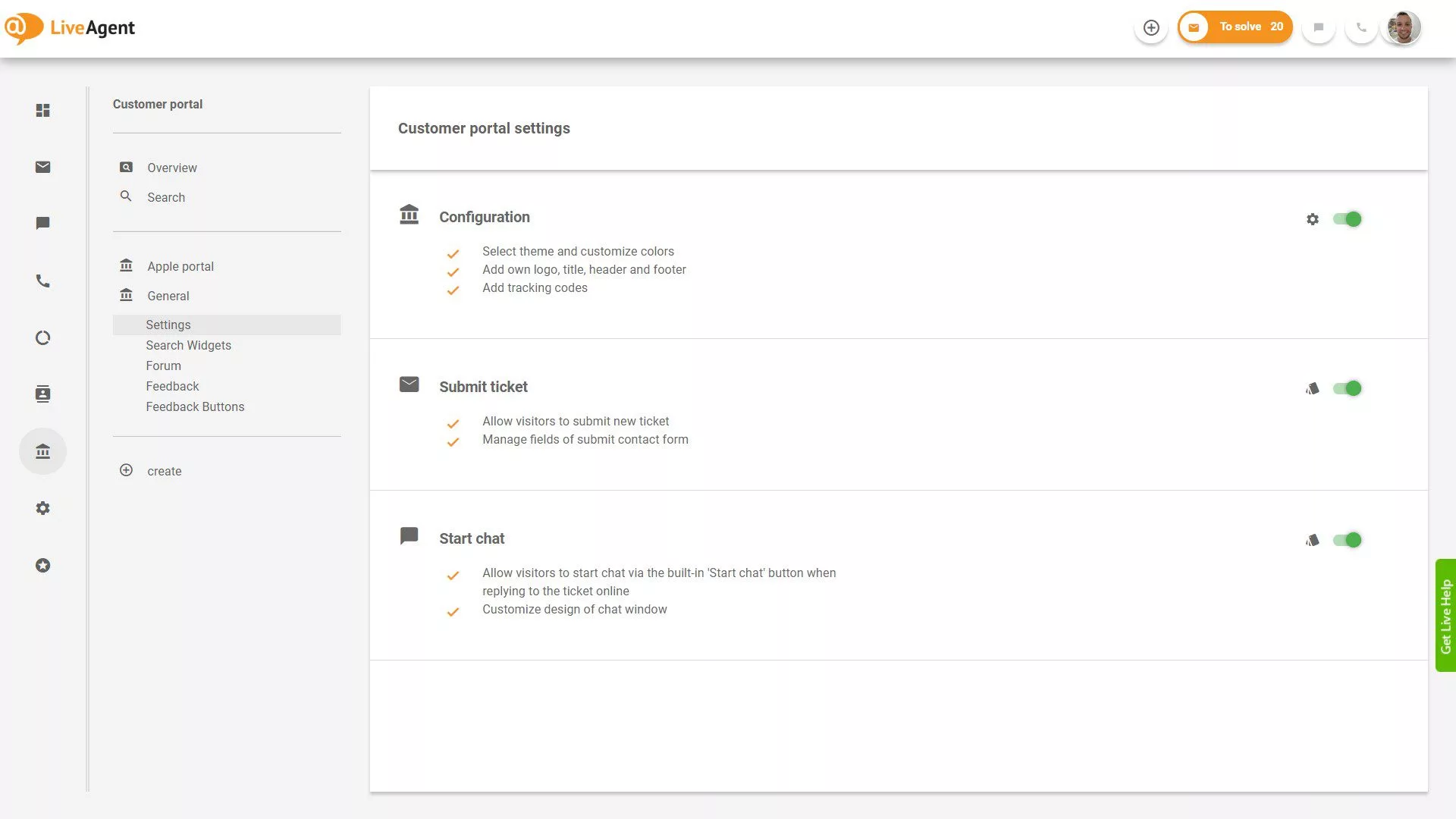 LiveAgent bilietų apžvalga programoje