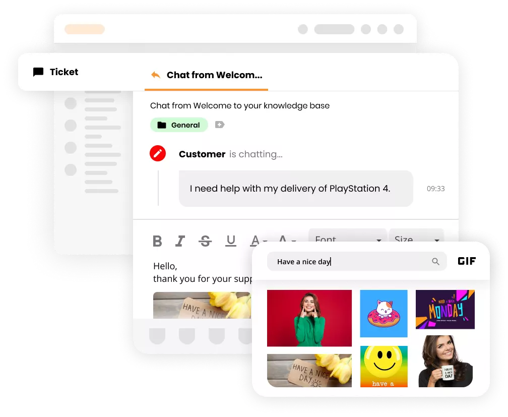 LiveAgent bilietų sistemos sąsaja, rodanti GIF'us biliete.