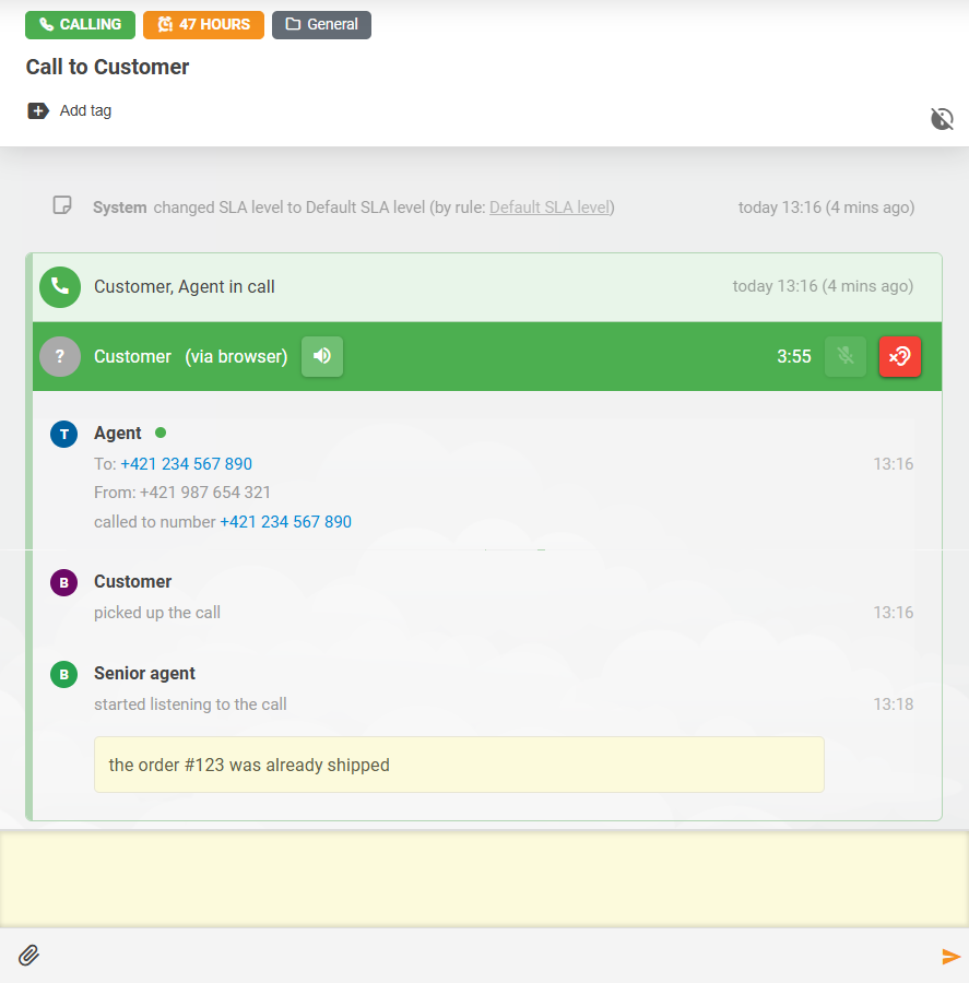 LiveAgent skambučių klausymo funkcija su pastabų sąveika tarp agentų