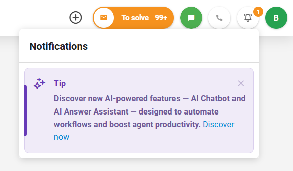 LiveAgent naujojo programoje esančio naujienos skydo ekrano kopija, rodanti pranešimus ir atnaujinimus