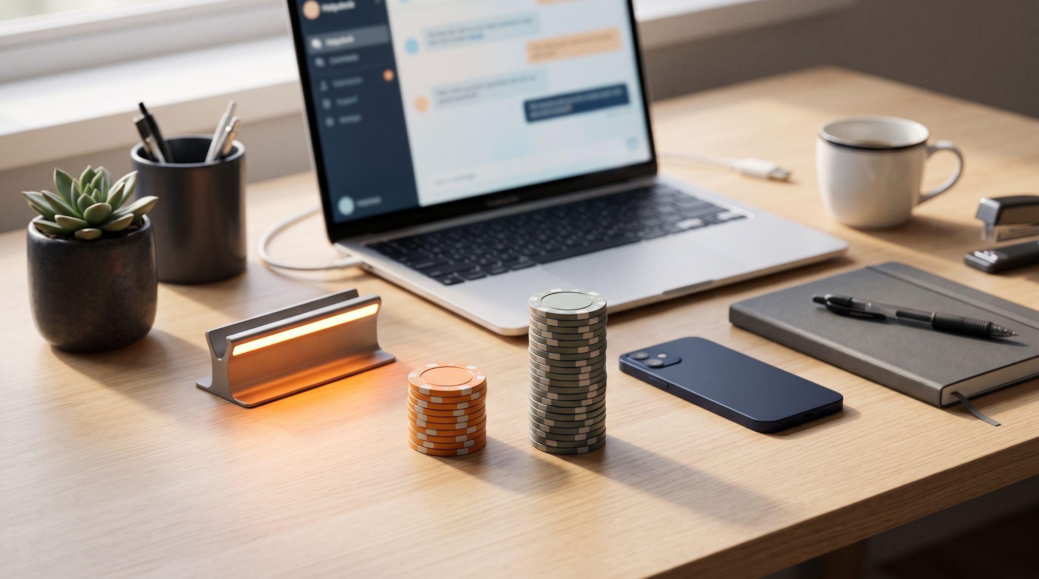Stalą su nešiojamu kompiuteriu, rodančiu pagalbos tarnybos pokalbio sąsają, šalia sukrautų oranžinių ir pilkų pokerio žetonų, simbolizuojančių LiveAgent ir Zendesk kainą