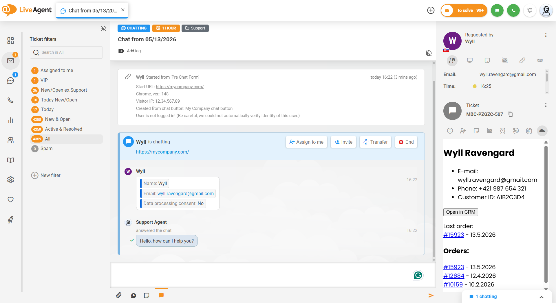 LiveAgent biletai su rodoma išorine kliento informacija