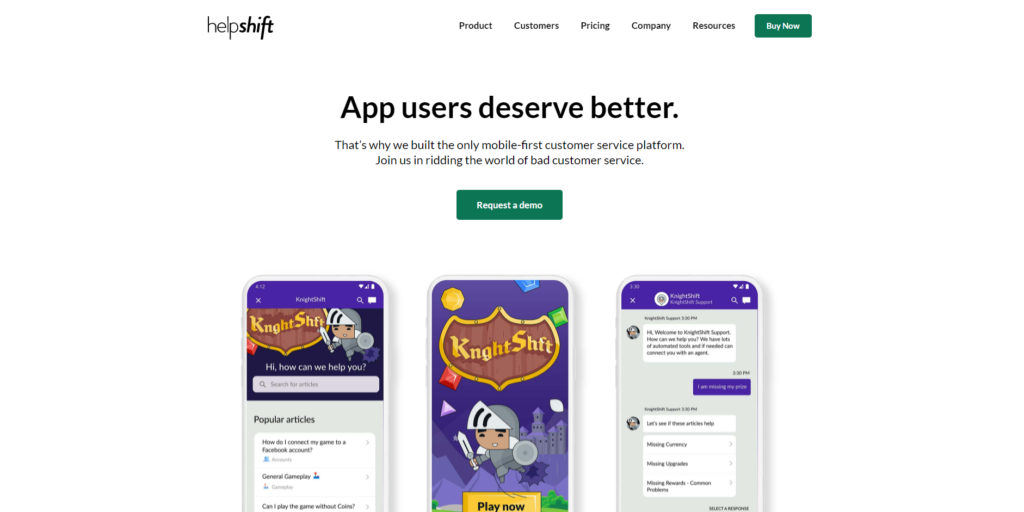 Helpshift pradžios puslapis