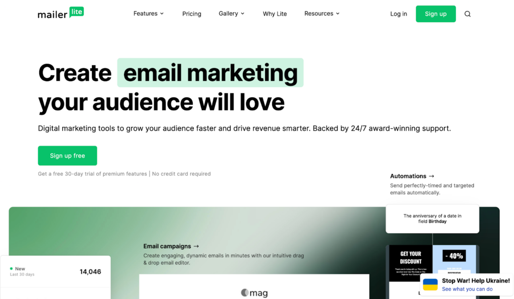 Mailerlite pradžios puslapis, patogi naudotojo el pašto valdymo sistema