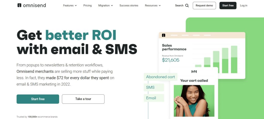 Omnisend pradžios puslapis, el komercijos el pašto rinkodaros platforma