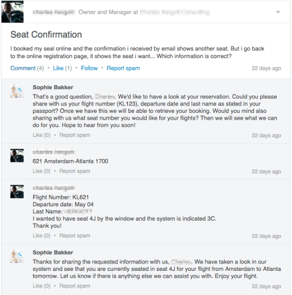 KLM Airlines atsakymas į kliento klausimą LinkedIn