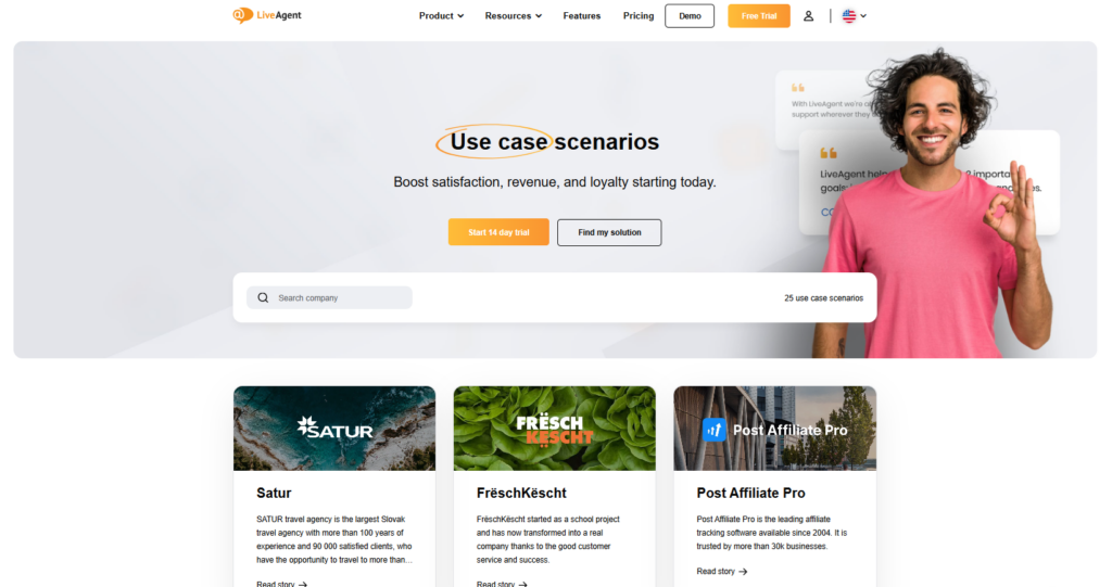 LiveAgent svetainės ekrano kopija, kurioje jie dalijasi savo klientų sėkmės istorijomis