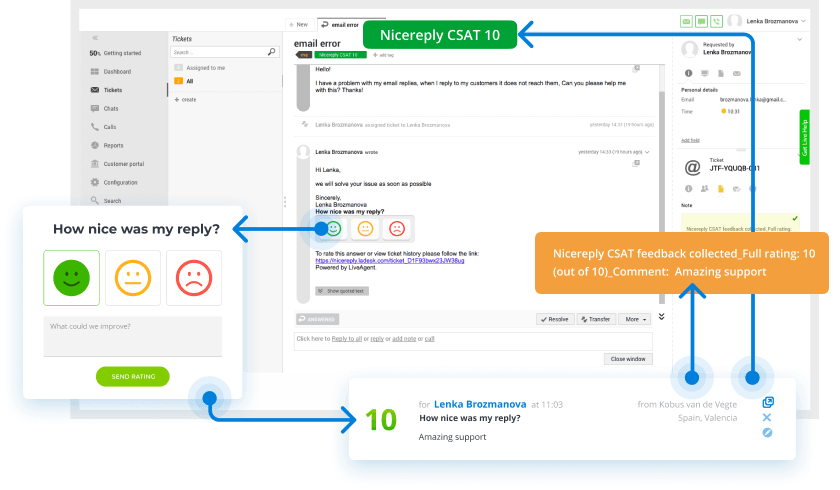 LiveAgent Nicereply agento vertinimo integracija