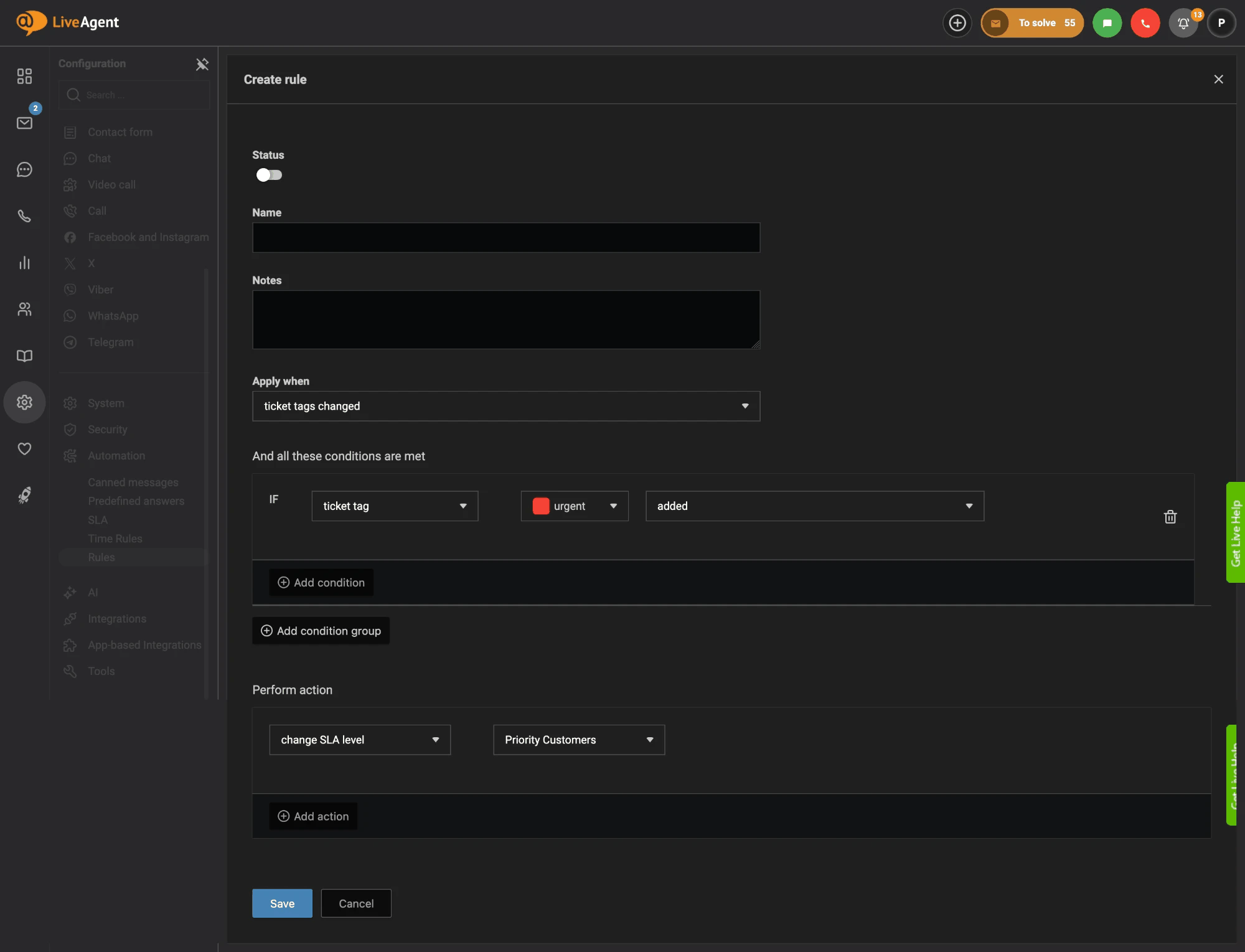 „LiveAgent“ taisyklė, kuri pakeičia SLA lygį į Prioritetiniai klientai, kai bilietui pridedama žyma urgent