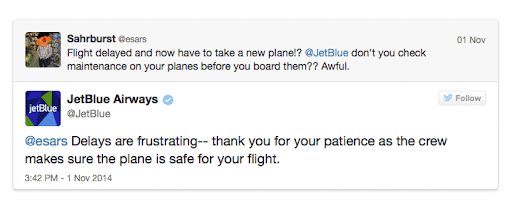JetBlue atsakymas į nepatenkintą kliento tweetą Twitter