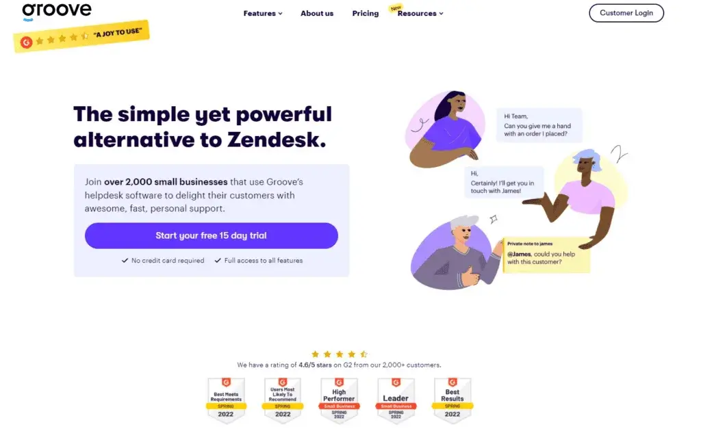 Groove pradžios puslapis - supaprastinta Zendesk alternatyva mažoms įmonėms