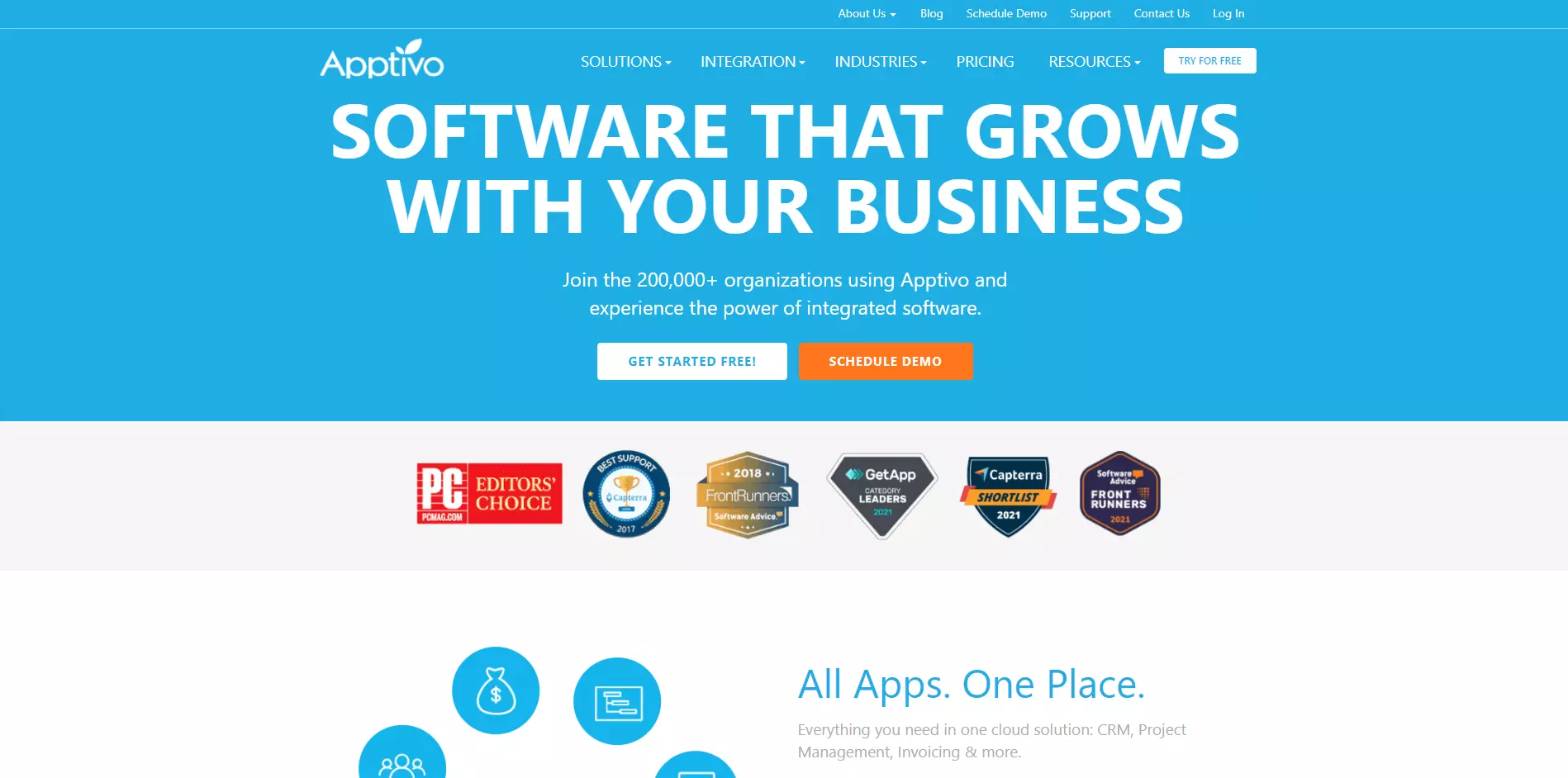 Apptivo pagrindinis puslapis