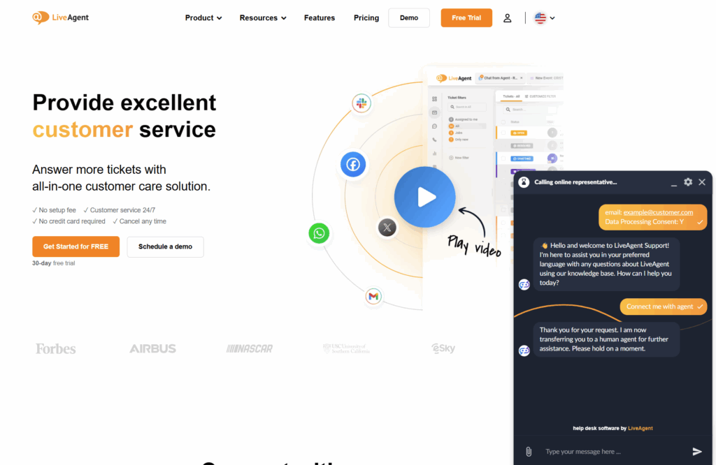 LiveAgent AI Chatbot pokalbis su botu LiveAgent svetainėje