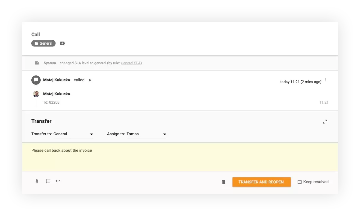 Ekrano kopija rodo, kaip perkelti skambučius LiveAgent į kitus skyrius ir agentus