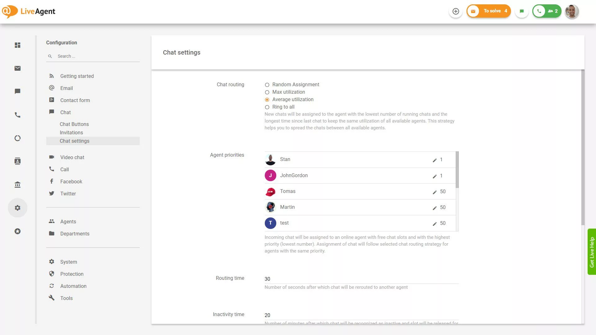 LiveAgent pokalbio nustatymai
