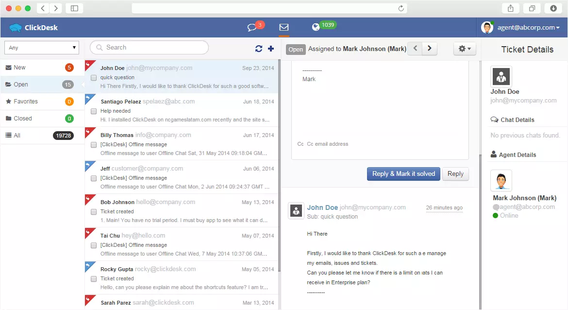 ClickDesk prietaisų sritis ir tiesioginė pokalbis