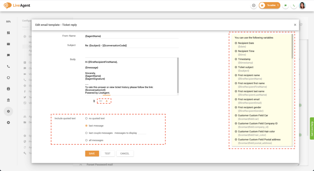 LiveAgent el. pašto šablonų pritaikymas