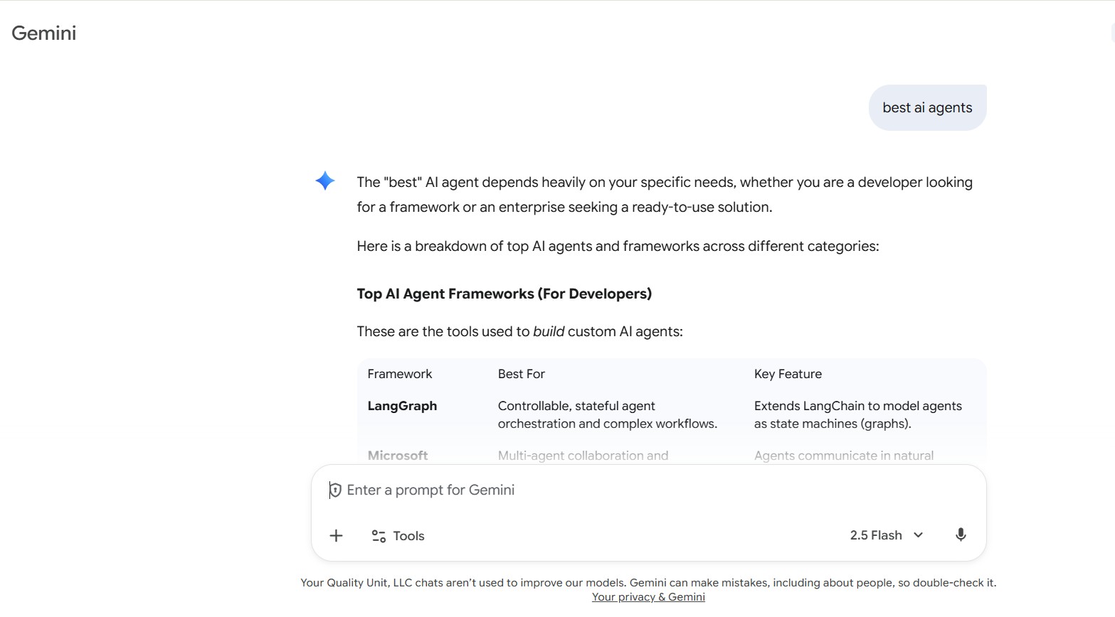 Google Gemini AI chatbot sąsajos langas