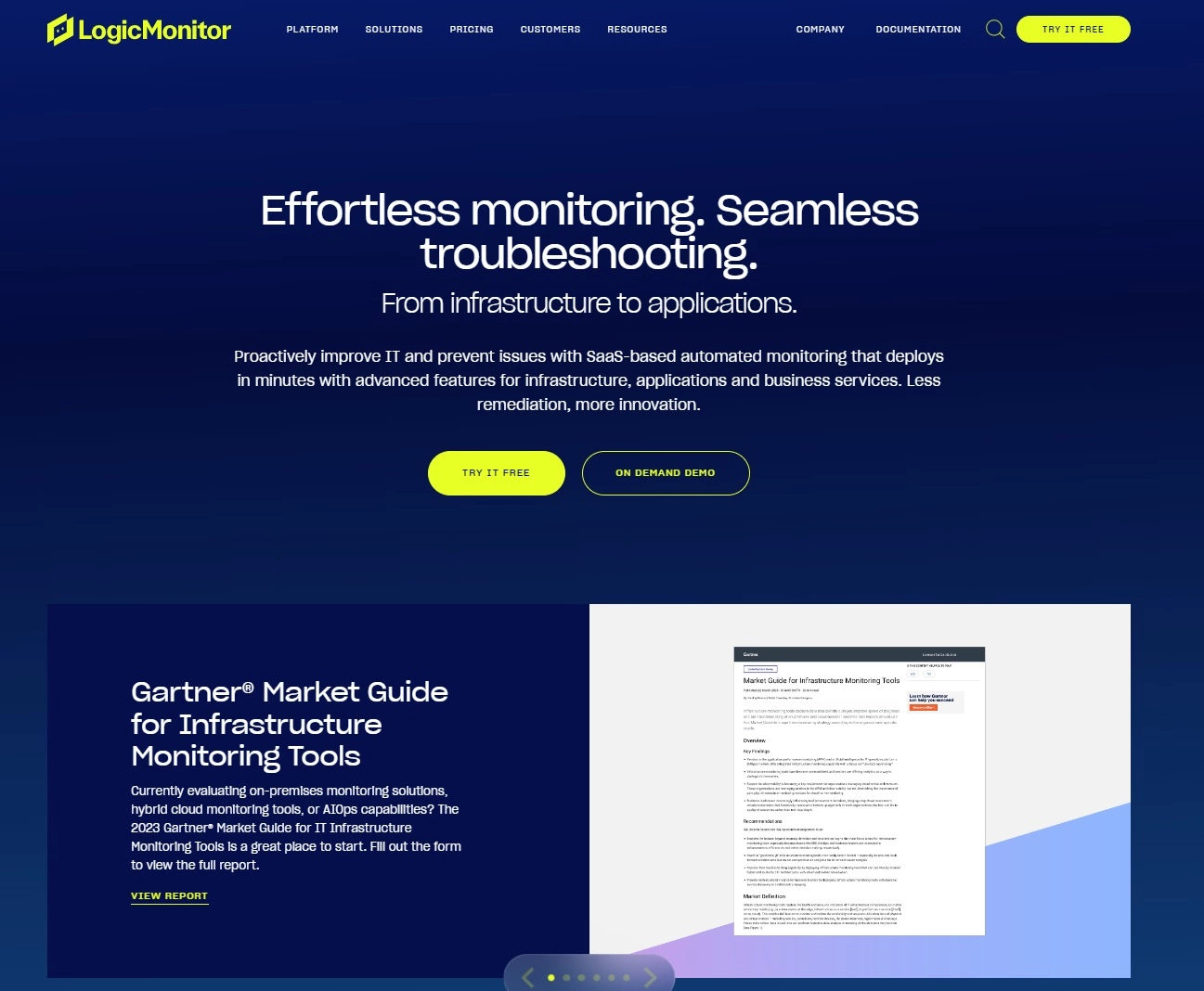 LogicMonitor pradžios puslapio ekrano kopija - IT veikimo platforma lengvam stebėjimui ir problemų sprendimui