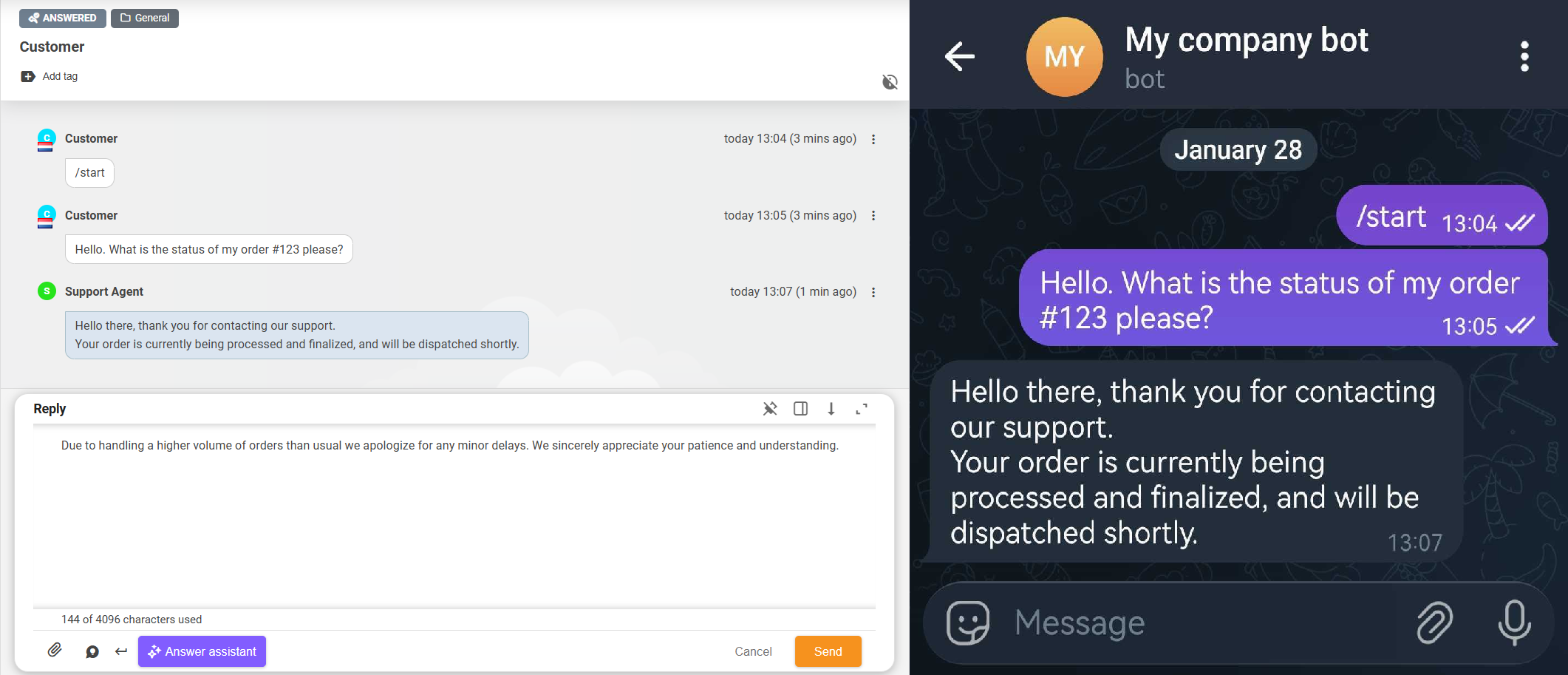 Telegram integruotas pokalbių robotas LiveAgent sistemoje
