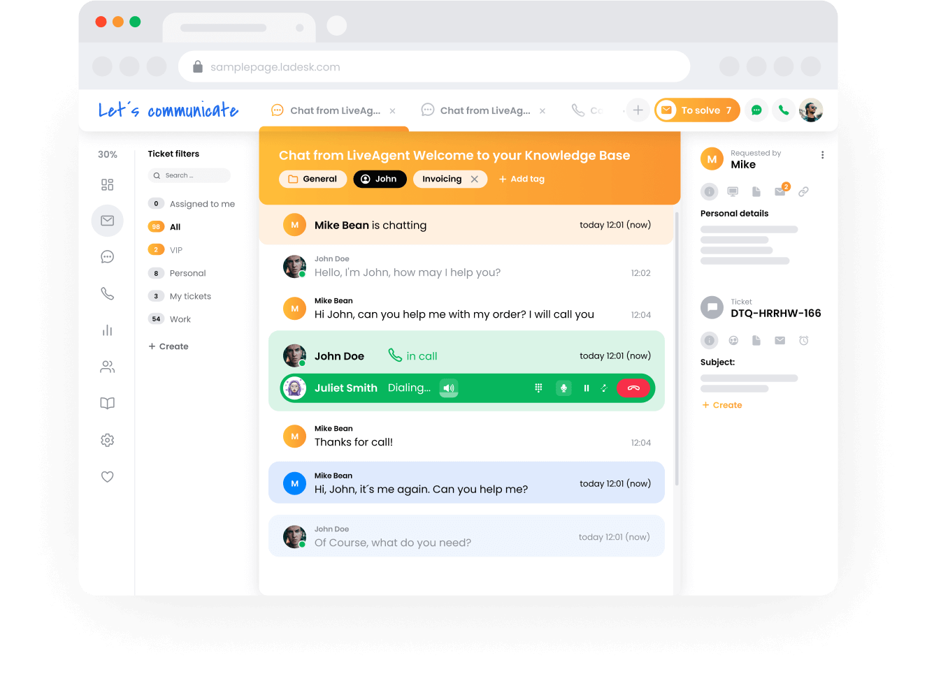 LiveAgent bilieto sistema, rodanti palaikymo komandos rodinį ir bilieto valdymo sąsają