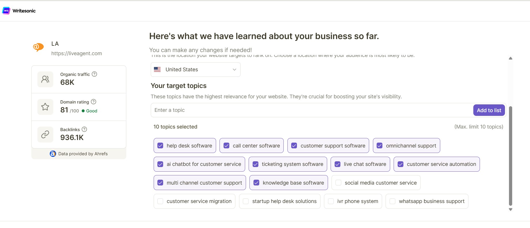 Writesonic AI svetainės SEO audito apžvalga