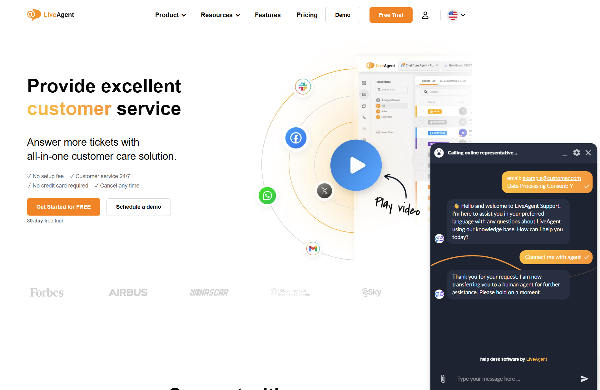 LiveAgent dirbtinio intelekto chatboto pokalbis su botu LiveAgent tinklalapyje