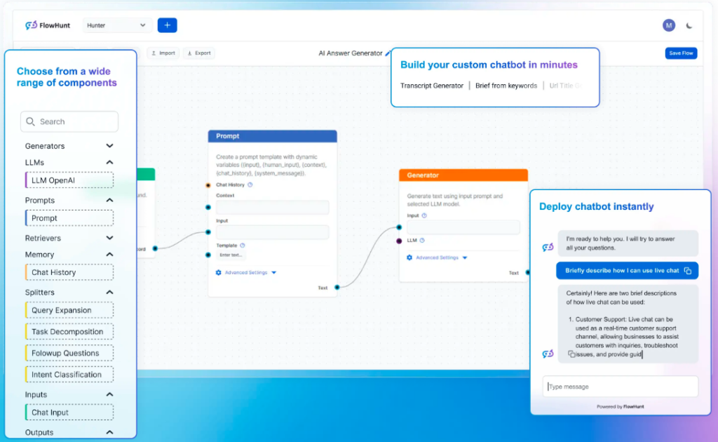 FlowHunt pradžios puslapio ekrano kopija