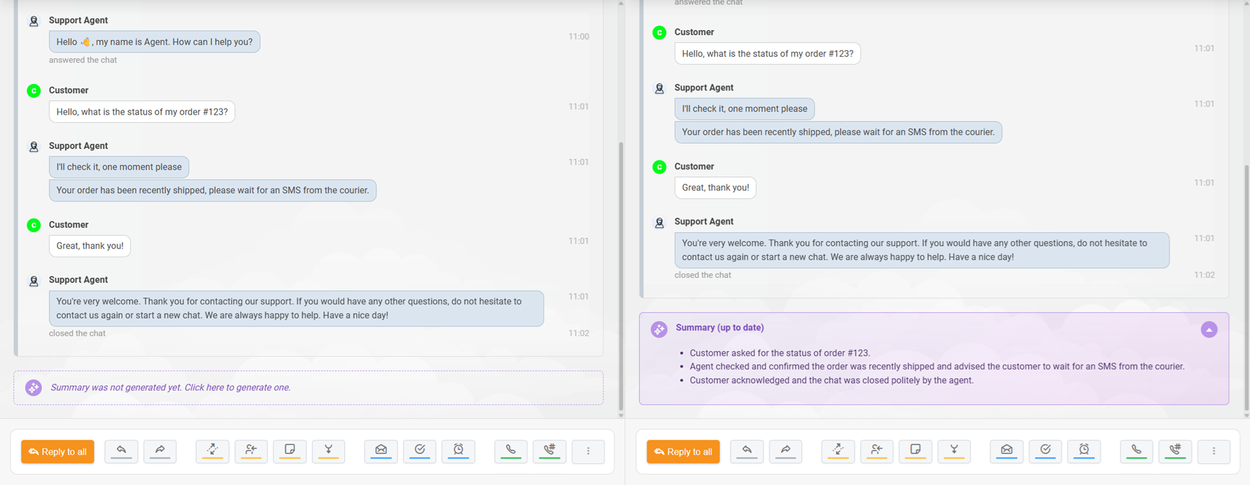 LiveAgent AI bilietų santrauka, sugeneruota pokalbio pokalbiui