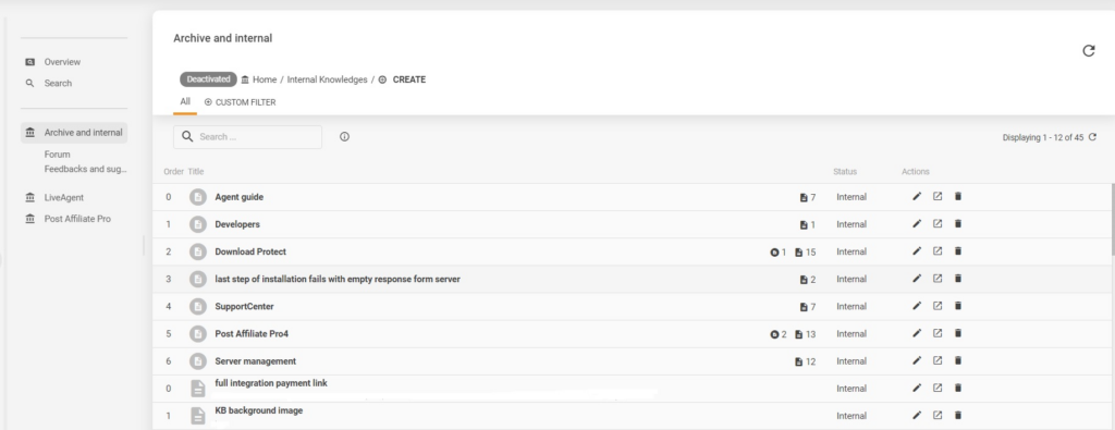 LiveAgent vidinės žinių bazės pavyzdys