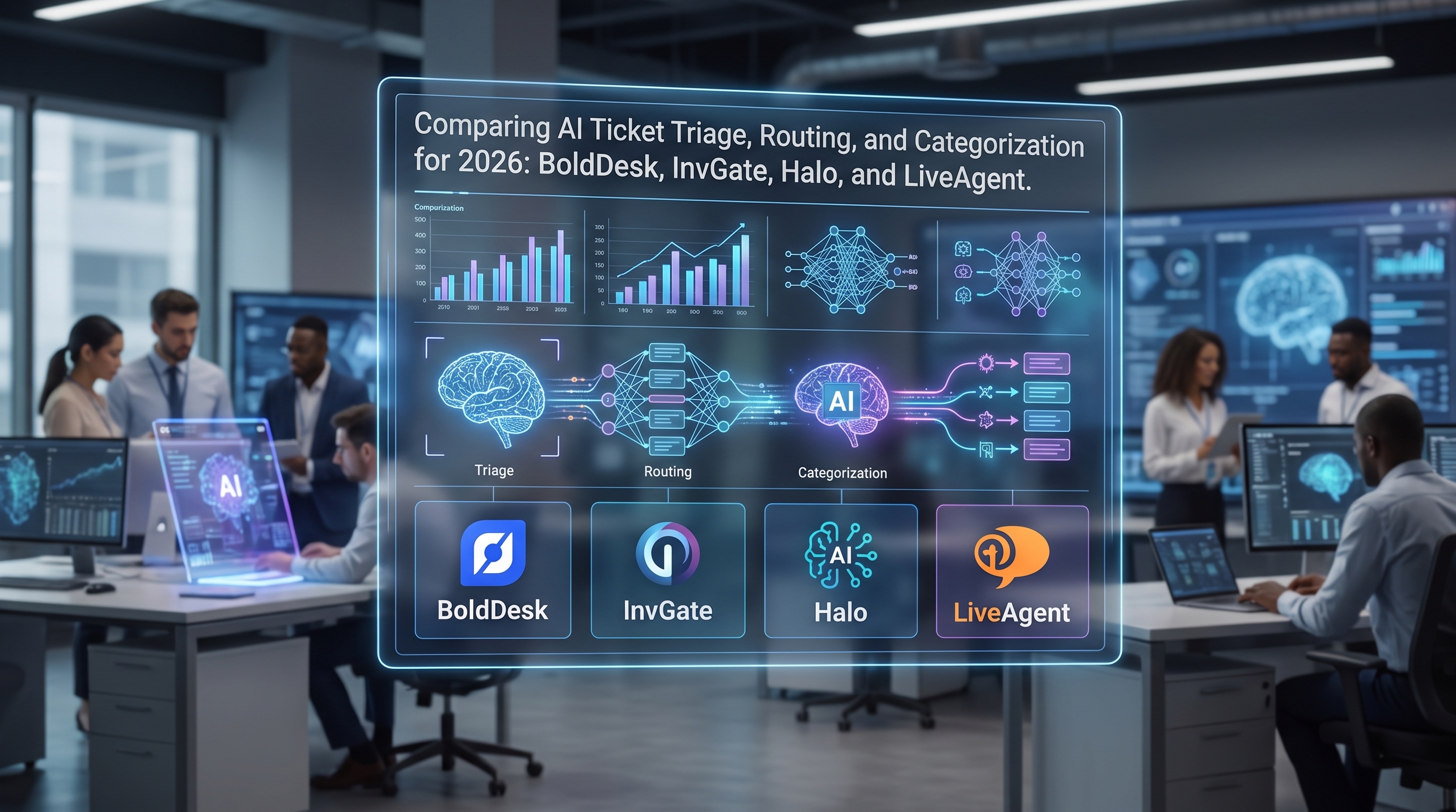 BoldDesk vs InvGate vs Halo vs LiveAgent: AI bilietų triažo, maršrutizavimo ir kategorizavimo palyginimas 2026 m.