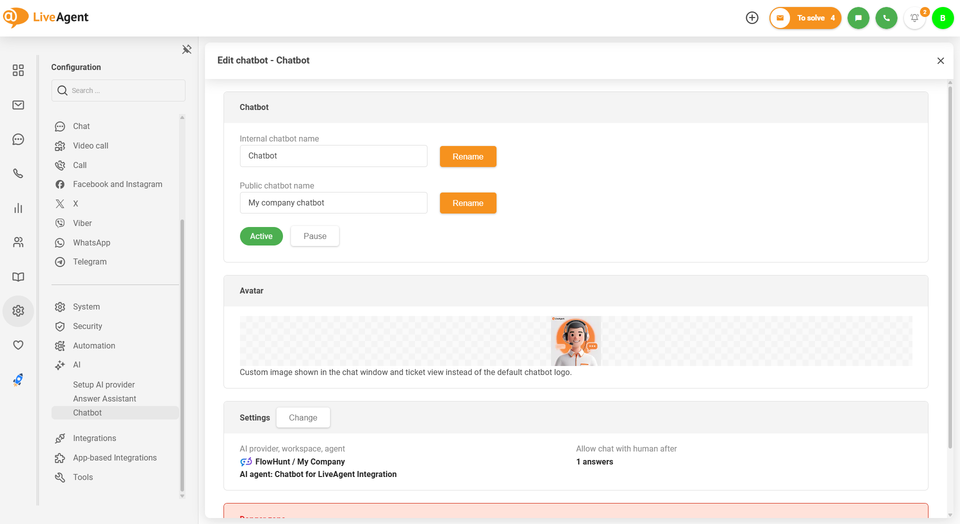 LiveAgent dirbtinio intelekto chatbot su pasirinktu avataro vaizdo įkėlimu
