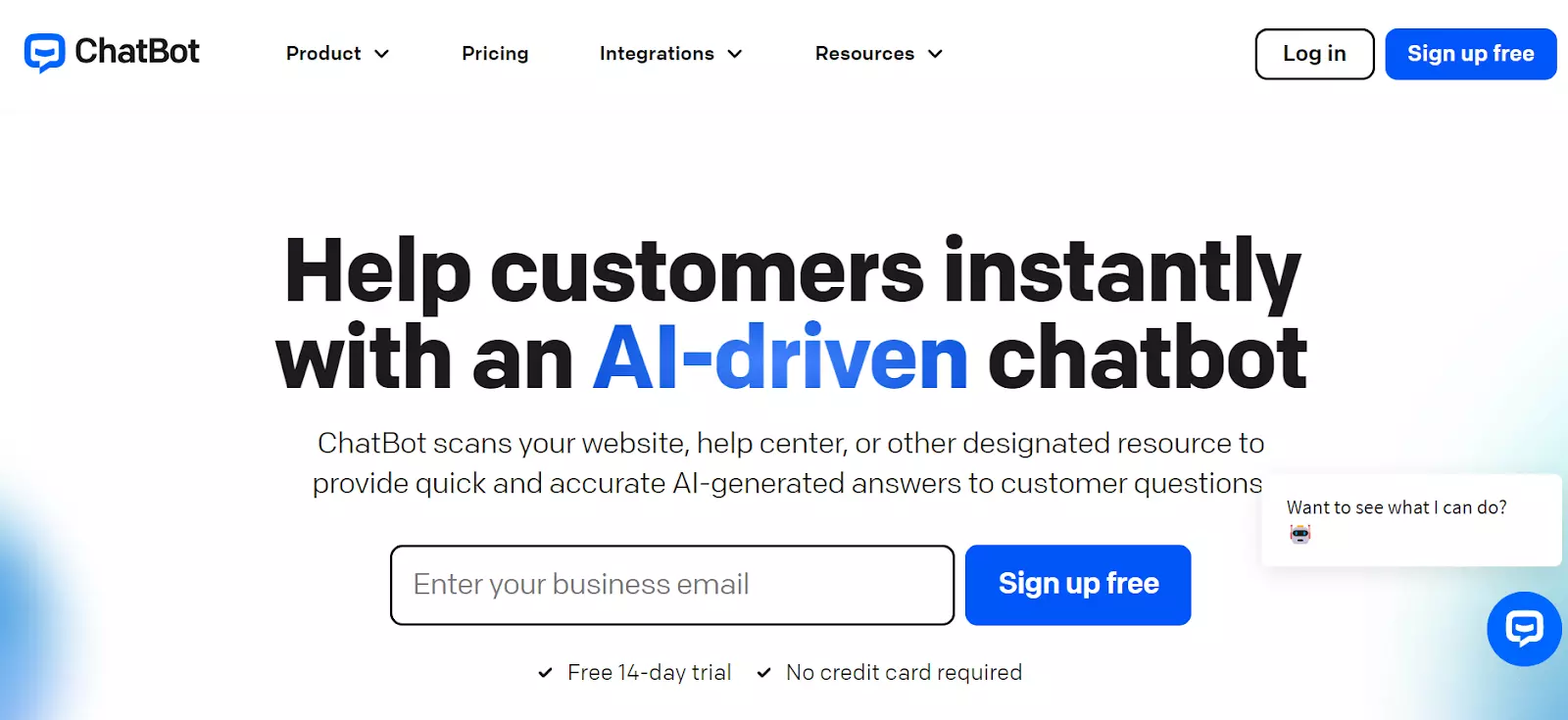 ChatBot pradžios puslapio ekrano nuotrauka - teikti dirbtinio intelekto generuotus atsakymus naudojant jų galingą chatbotą