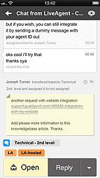 LiveAgent iOS programos sąsaja - pokalbio rodinys