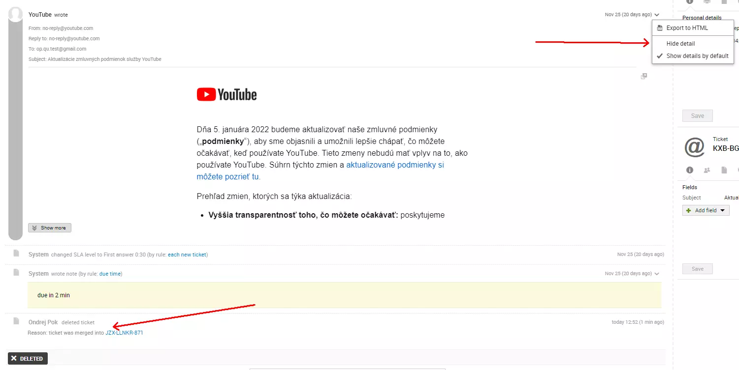 Nuotrauka, rodanti el. pašto šaltinio klaidą po dviejų bilietų sulieti, problema, buvusi ankstesnėse LiveAgent versijose