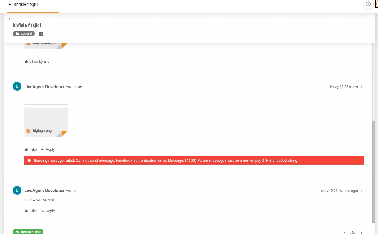 Klaidos pranešimas, rodomas skelbiant nuotrauką Facebook per LiveAgent