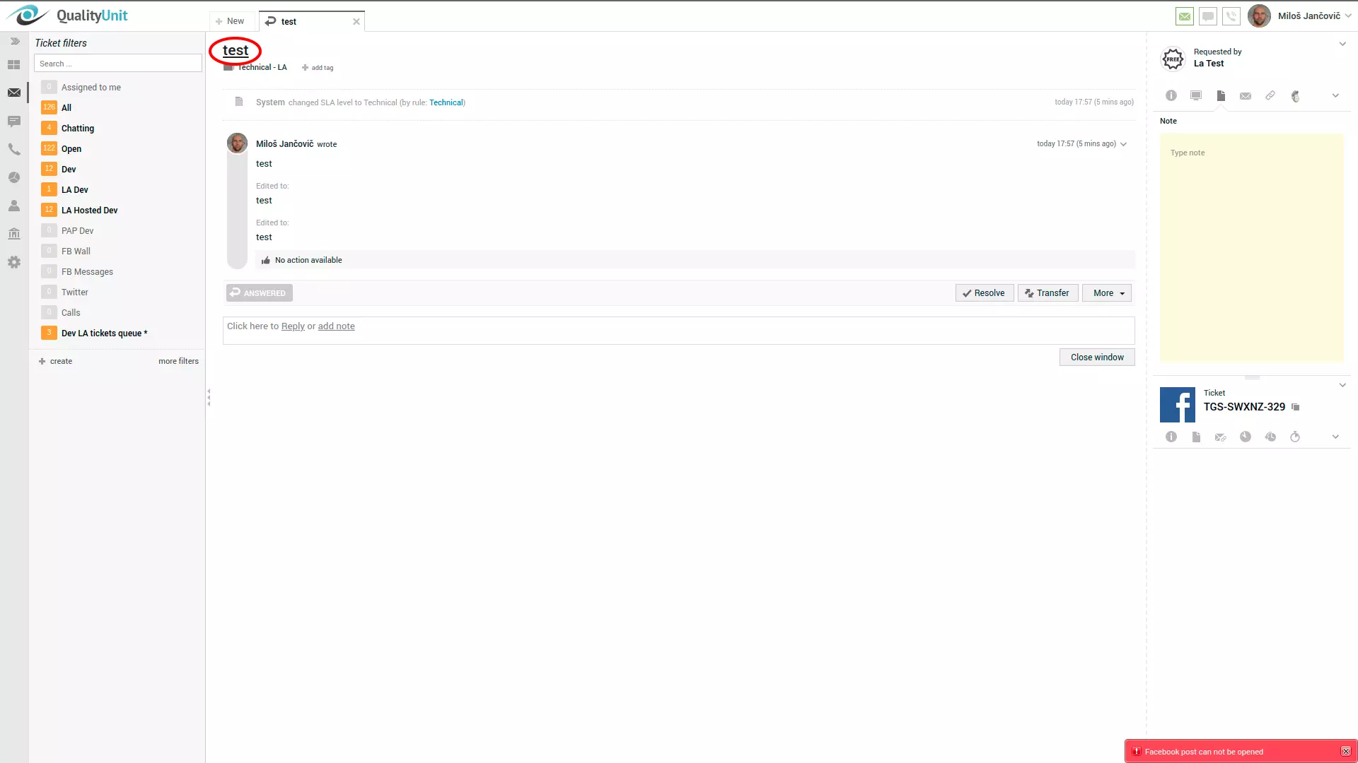 Facebook" įrašo klaida dešiniajame LiveAgent vartotojo sąsajos kampe