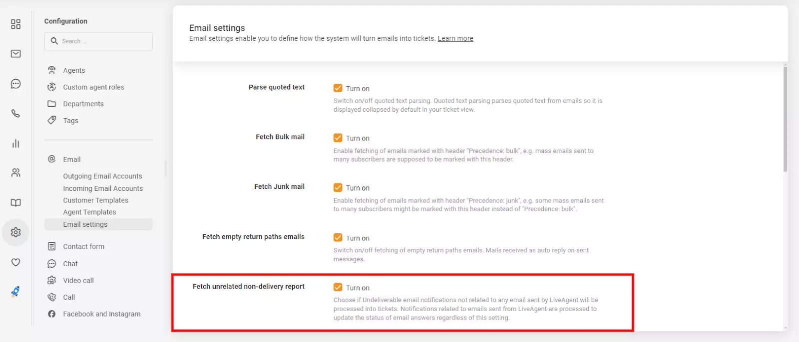 Email settings in LiveAgent showing the fetch unrelated non-delivery report option
