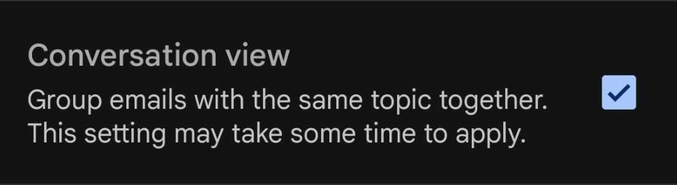 Žymimasis laukelis pokalbio peržiūrai įjungti ir išjungti Gmail programoje