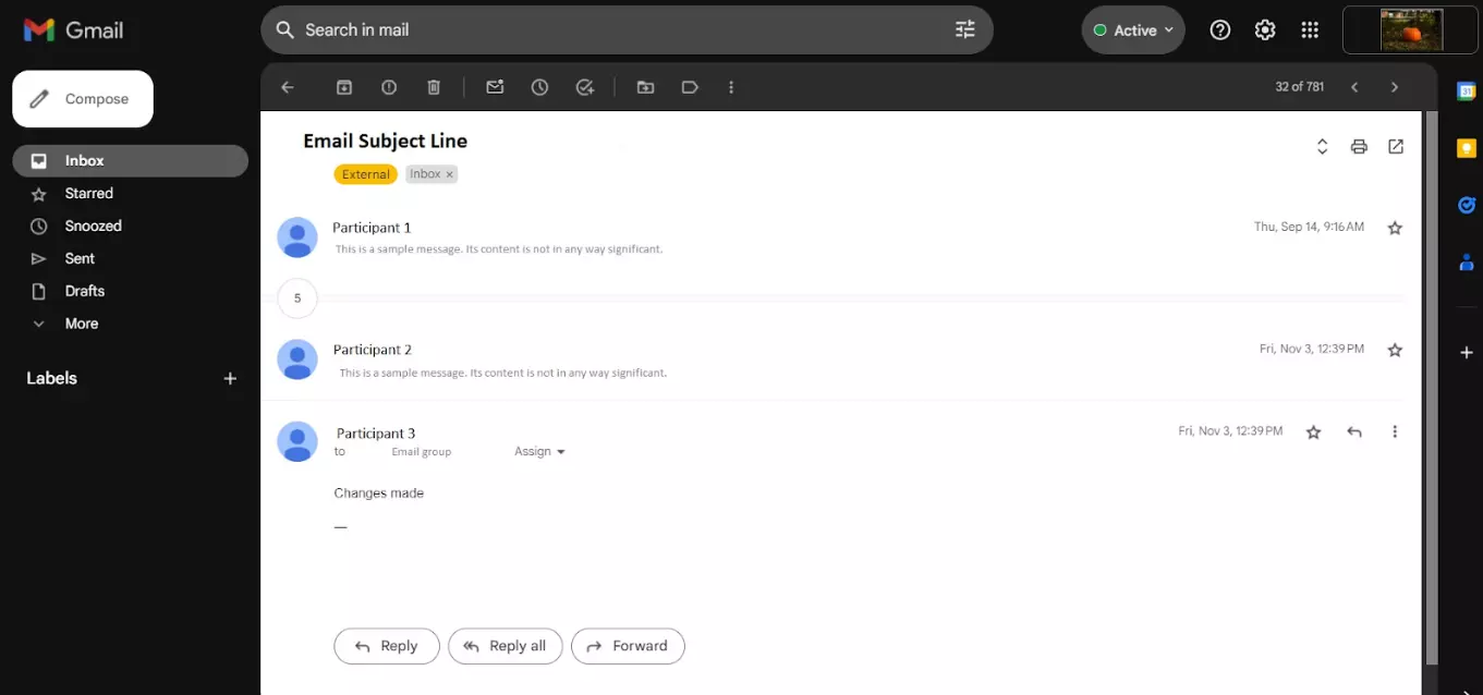 El. pašto gijos pavyzdys tarp kelių dalyvių per tam tikrą laiką