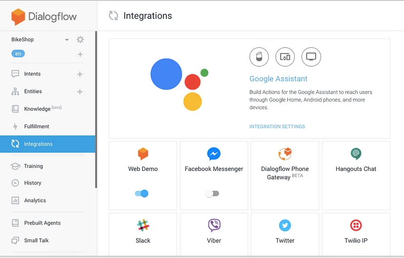 Dialogflow sąsaja, rodanti Integracijos skyrių su Google Assistant ir įvairiomis žinutių platformomis, tokiomis kaip Facebook Messenger, Slack ir Twitter.
