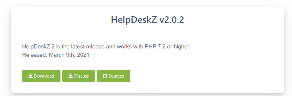 Atviro kodo bilietų sistemos atsisiuntimo puslapio pavyzdys su atsisiuntimo mygtuku, diskusija ir šaltiniais