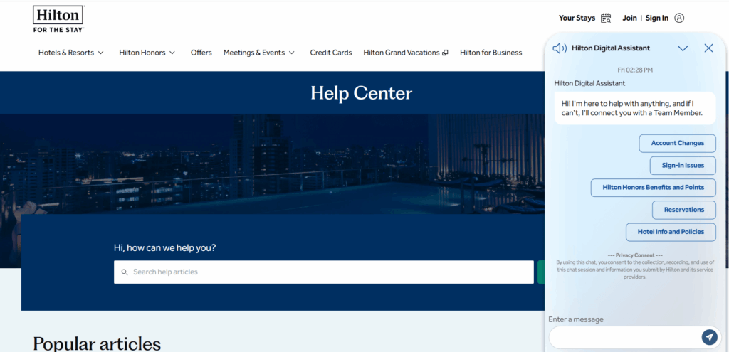 Hilton skaitmeninis asistentas Hilton tinklalapyje