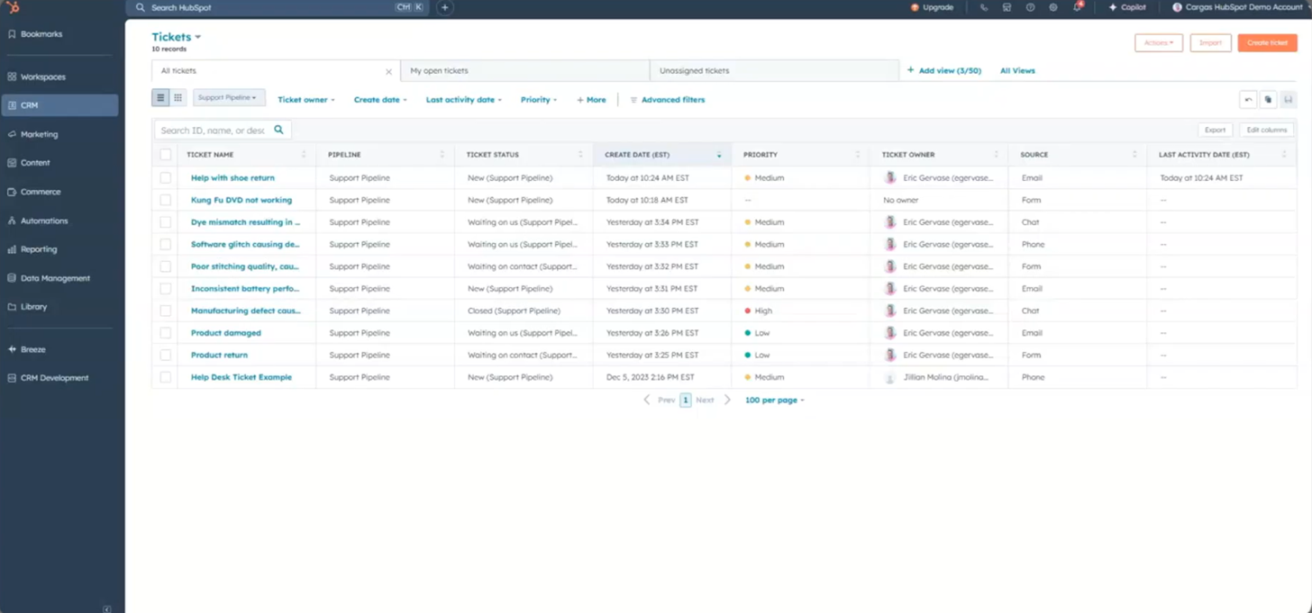 HubSpot Service Hub nemokamas planas – bendra gautųjų dėžutė su klientų bilietais