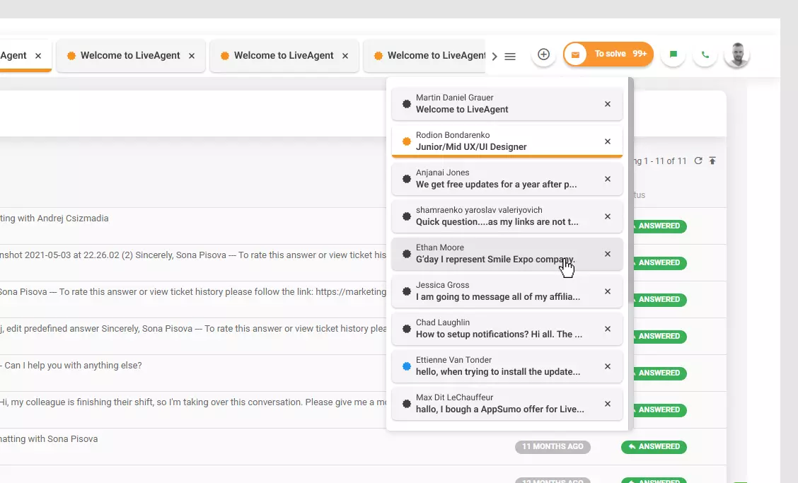 LiveAgent - Atidaryto bilieto sąrašas