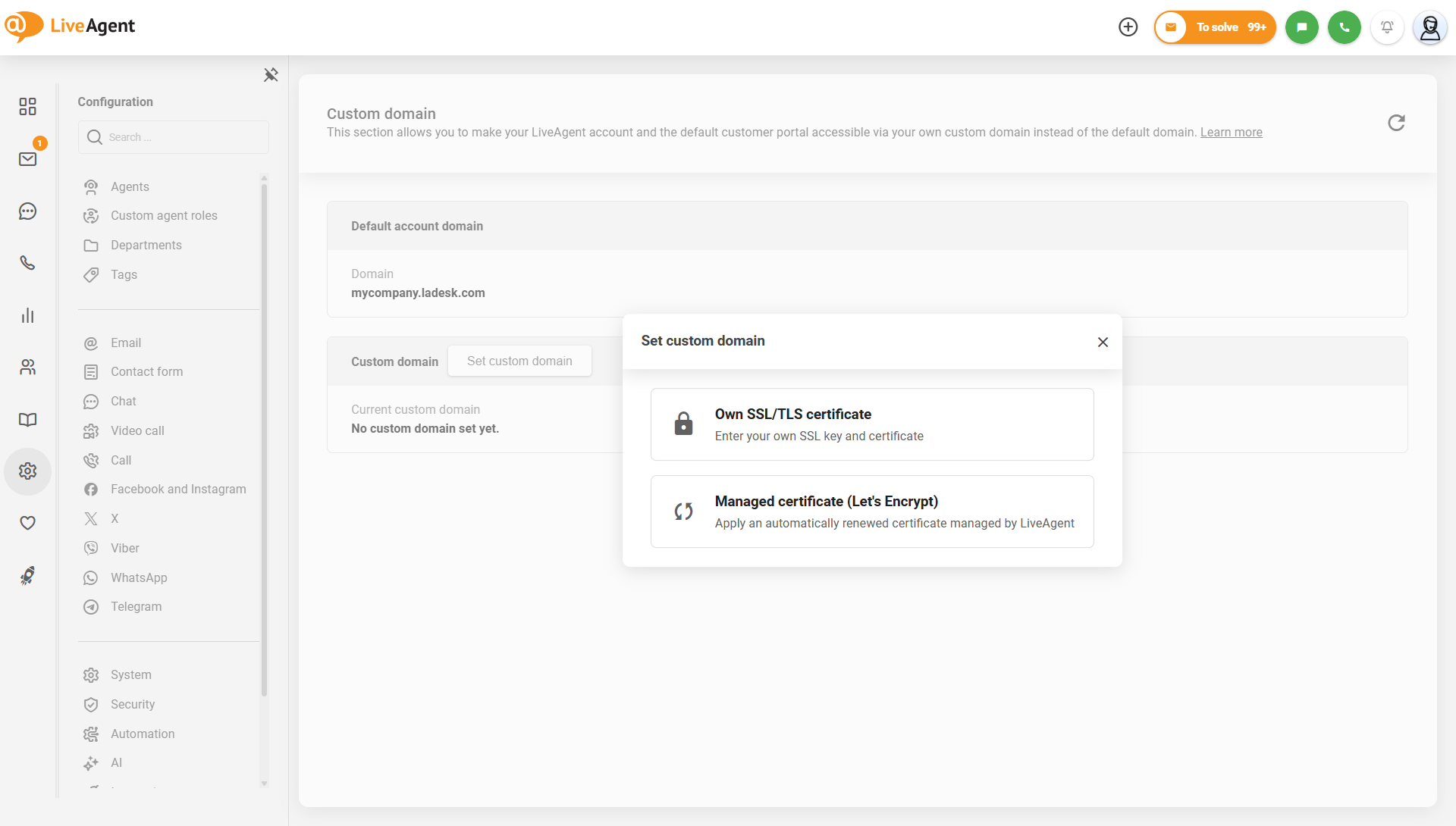 LiveAgent pasirinktinio domeno nustatymai su Let's Encrypt valdomo sertifikato parinktimi