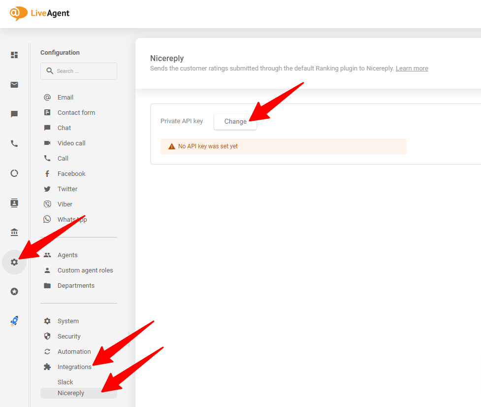 Vaizdas rodo, kur jūsų LiveAgent paskyroje patalpinti sugeneruotą API raktą