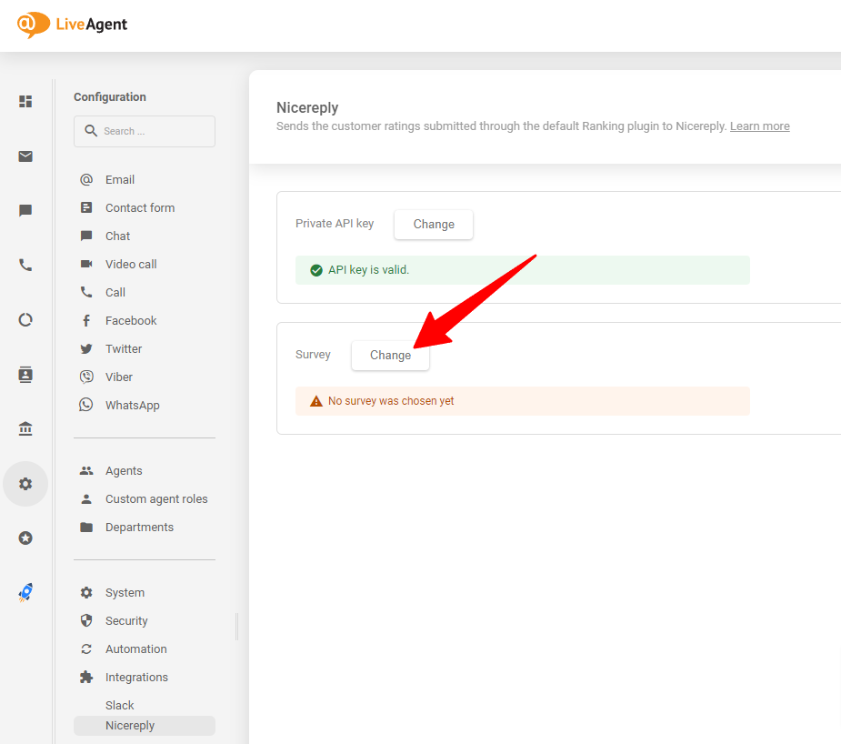Pasirinkite Nicereply apklausą, kurią norite naudoti, įklijavę API raktą į savo LiveAgent
