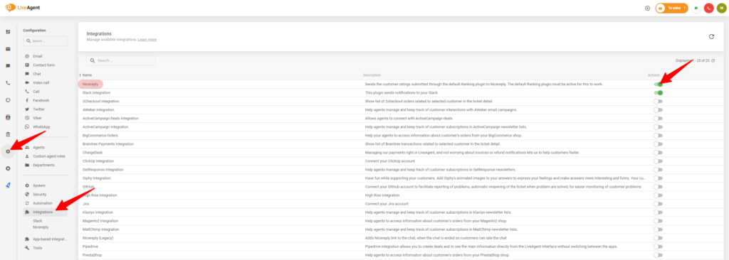 Nicereply integracijos įjungimo procesas LiveAgent nustatymuose
