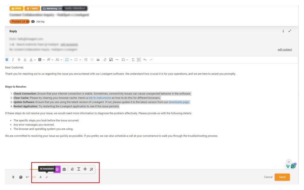 LiveAgent AI atsakymo asistento